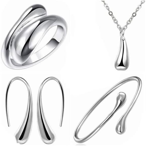 Syhonic 925 Silver Jewelry Set for Women, Teardrop Necklace + Earring + Ring + - Picture 1 of 6